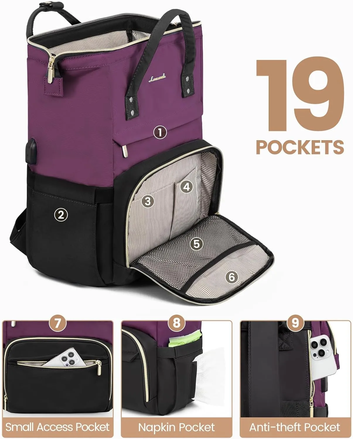 LOVEVOOK Travel Laptop Backpack for Women, 18-inch Large Capacity Outdoor Carry On Backpacks Purse, Business Computer Work Bags, Teacher Doctor Nurse Backpack with USB Port, Dark Purple-Black