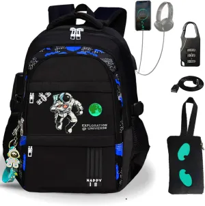 Luminous Backpack School Bag with Anti-Theft Lock Luminous Pattern Travel Laptop Waterproof Black With Usb Charging Port & Headphone Port School Backpack Includes Luminous Pencil Bag