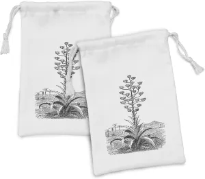 Lunarable Agave Fabric Pouch Set of 2, Century Plant Agave Americana Old Vintage Engraving Style Picture Mexico Nature, Small Drawstring Bag for Toiletries Masks and Favors, 9" x 6", Black and White