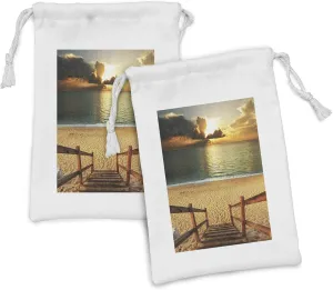 Lunarable Beach Fabric Pouch Set of 2, Dramatic Beach Scenery with Majestic Rain Cloud Horizon Heaven Paradise Theme, Small Drawstring Bag for Toiletries Masks and Favors, 9" x 6", Cream Blue Orange