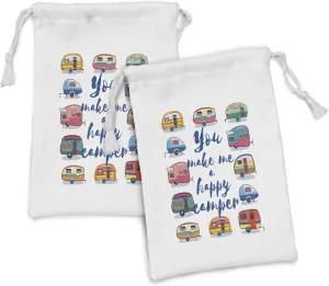 Lunarable Camper Fabric Pouch Set of 2, You Make Me Happy Words Caravans Retro Style Travel Graphic Print, Small Drawstring Bag for Toiletries Masks and Favors, 9" x 6", Multicolor