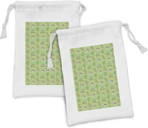 Lunarable Caterpillar Fabric Pouch Set of 2, Cartoon Smiling Insects Funny Dragonfly and Grasshopper on Greenery, Small Drawstring Bag for Toiletries Masks and Favors, 9" x 6", Multicolor