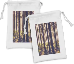 Lunarable Forest Fabric Pouch Set of 2, Weak Afternoon Sunbeams Autumn Forest with Leaves and Branches Image, Small Drawstring Bag for Toiletries Masks and Favors, 9" x 6", Green Brown Sand Brown