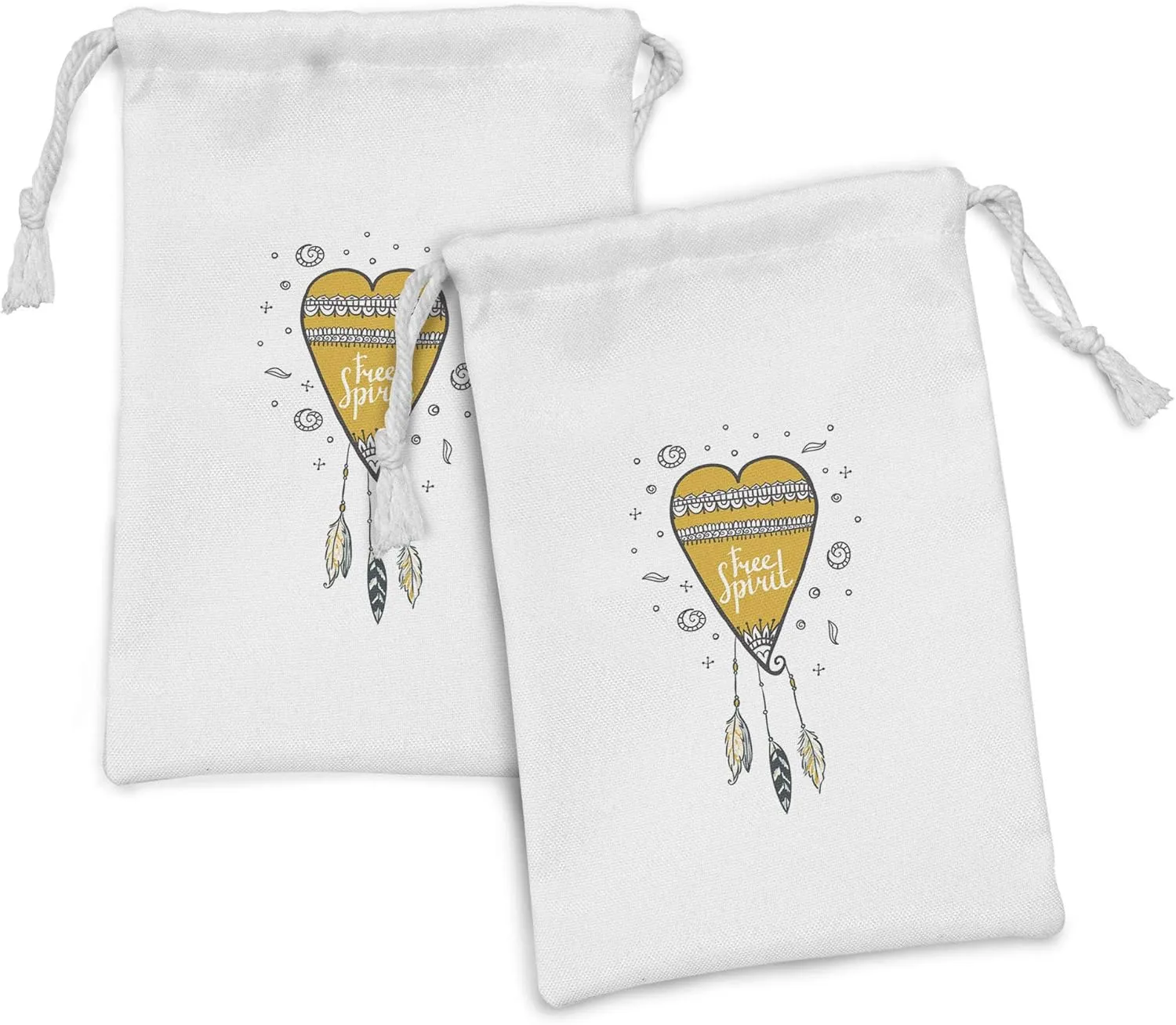 Lunarable Gypsy Fabric Pouch Set of 2, Boho Dreamcatcher Style Heart Feathers and Free Words, Small Drawstring Bag for Toiletries Masks and Favors, 9" x 6", Earth Yellow Grey White