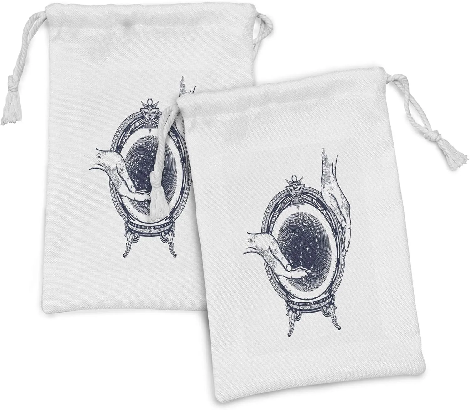 Lunarable Gypsy Fabric Pouch Set of 2, Fortune Teller Tattoo Art Design Predicting the Future Theme Mystery Magic, Small Drawstring Bag for Toiletries Masks and Favors, 9" x 6", Dark Blue and White