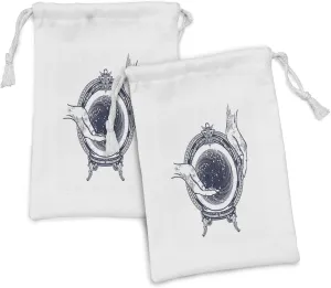 Lunarable Gypsy Fabric Pouch Set of 2, Fortune Teller Tattoo Art Design Predicting the Future Theme Mystery Magic, Small Drawstring Bag for Toiletries Masks and Favors, 9" x 6", Dark Blue and White