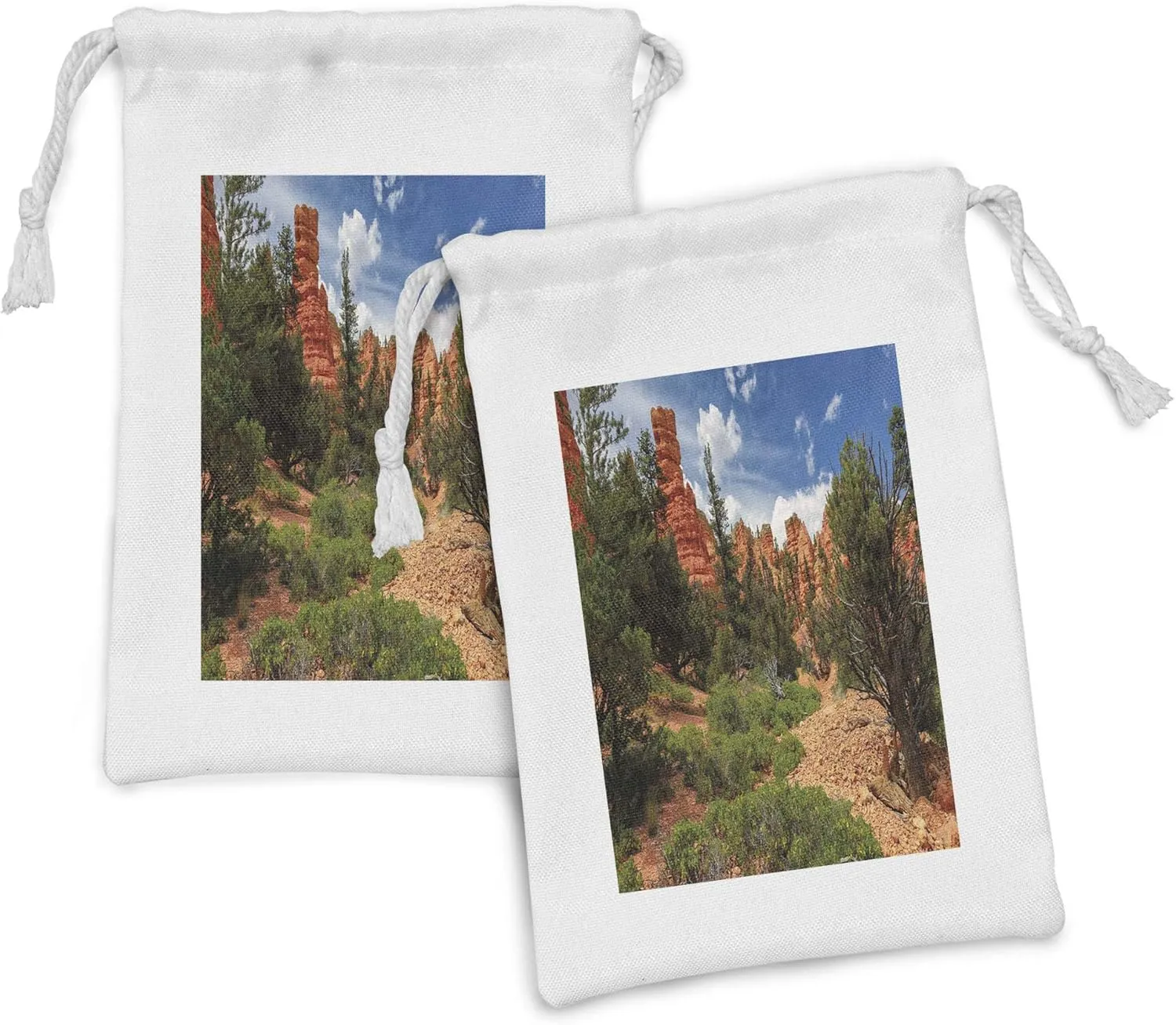 Lunarable Idyllic Fabric Pouch Set of 2, Bryce Canyon National Park USA Scenery Famous Natural Plateau Monument, Small Drawstring Bag for Toiletries Masks and Favors, 9" x 6", Rust Blue Olive Green