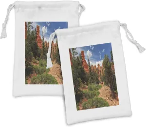 Lunarable Idyllic Fabric Pouch Set of 2, Bryce Canyon National Park USA Scenery Famous Natural Plateau Monument, Small Drawstring Bag for Toiletries Masks and Favors, 9" x 6", Rust Blue Olive Green