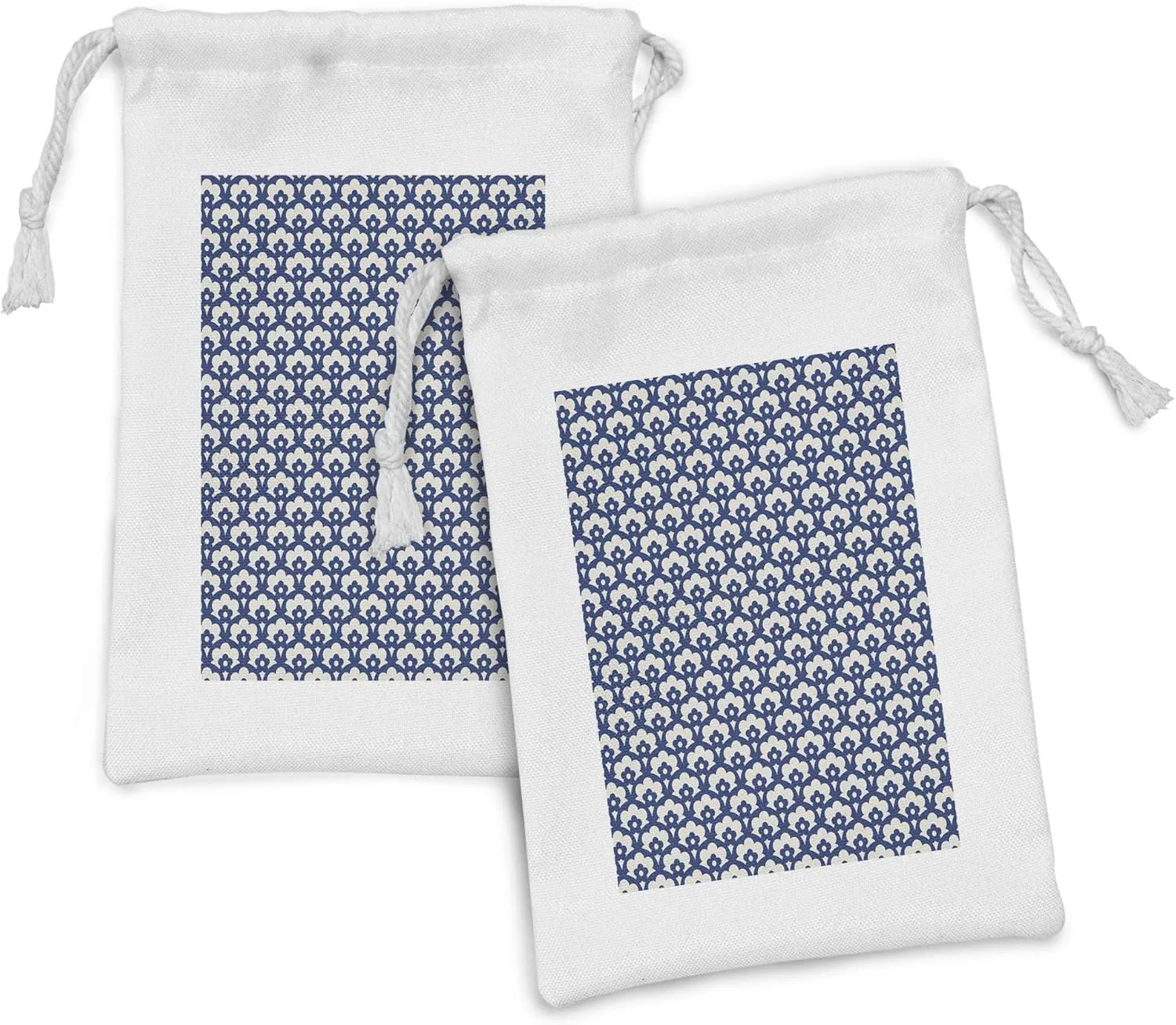 Lunarable Mid Century Fabric Pouch Set of 2, Traditional Style Repetitive Pattern Floral Shaped Retro Elements, Small Drawstring Bag for Toiletries Masks and Favors, 9" x 6", Eggshell and Night Blue
