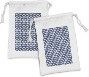 Lunarable Mid Century Fabric Pouch Set of 2, Traditional Style Repetitive Pattern Floral Shaped Retro Elements, Small Drawstring Bag for Toiletries Masks and Favors, 9" x 6", Eggshell and Night Blue