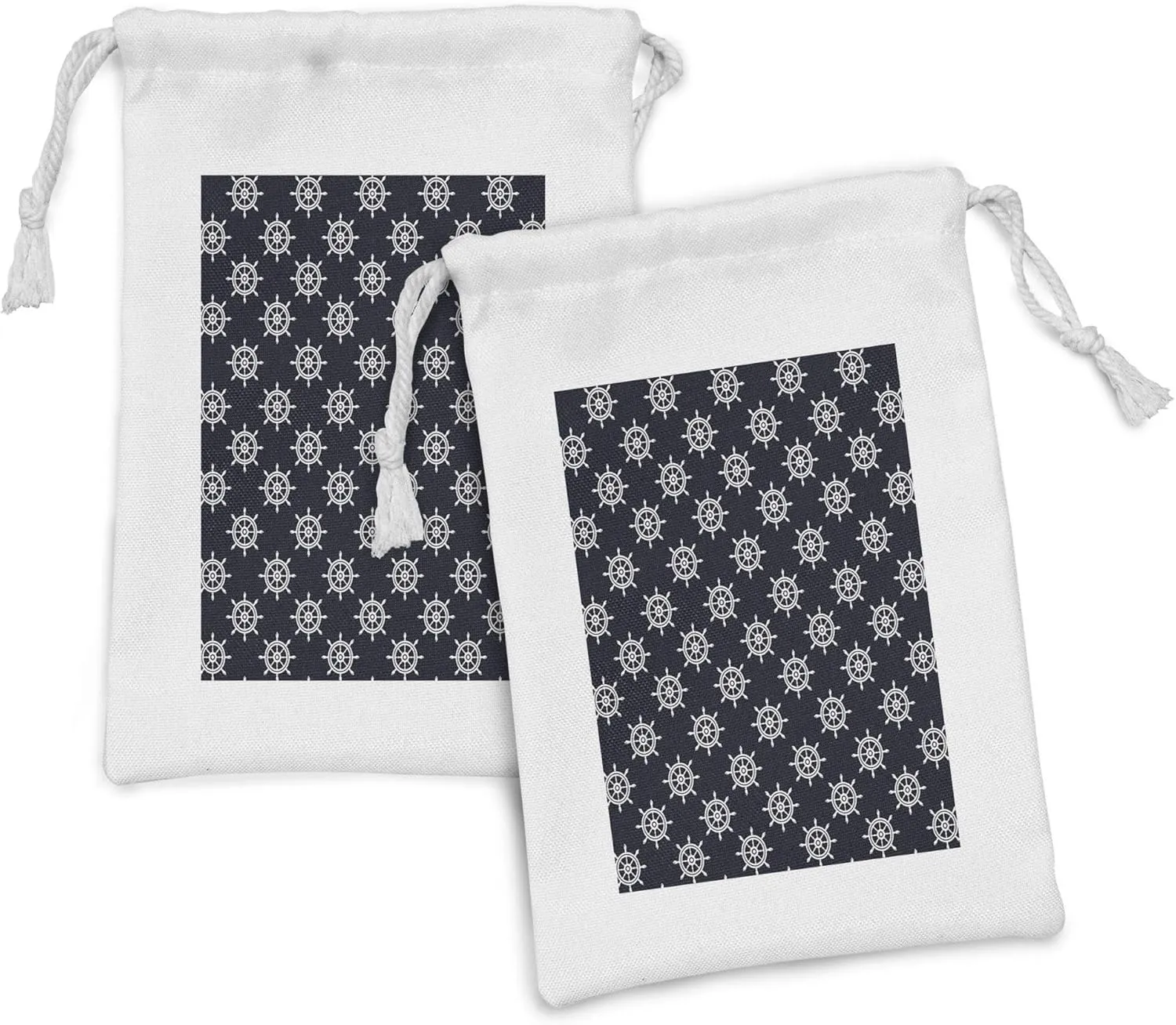 Lunarable Nautical Fabric Pouch Set of 2, Symmetrical Steering Wheels Sailing Vessel Navigation Sailor Mariner Travel, Small Drawstring Bag for Toiletries Masks and Favors, 9" x 6", Dark Blue White