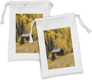 Lunarable Rustic Fabric Pouch Set of 2, Hut and Forest with Shedding Faded Leaf Autumn Fall Tree Meadow Provincial Picture, Small Drawstring Bag for Toiletries Masks and Favors, 9" x 6", Yellow Brown