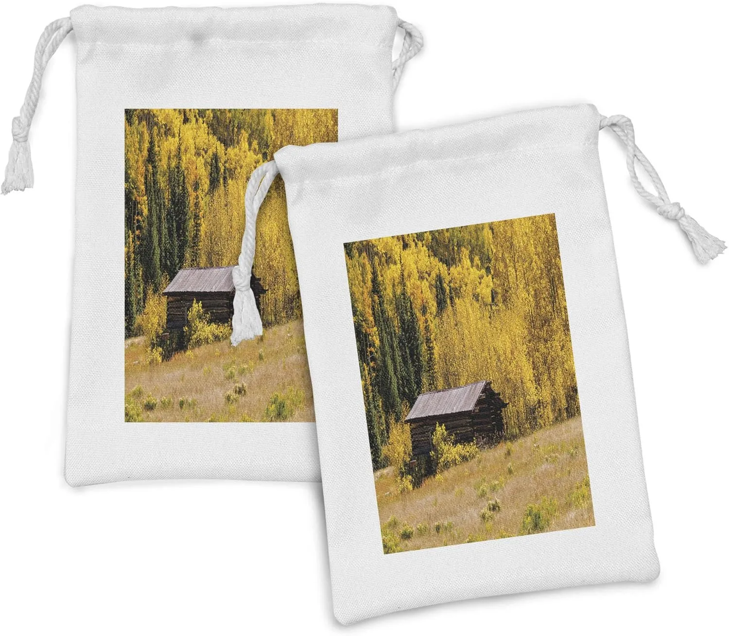 Lunarable Rustic Fabric Pouch Set of 2, Hut and Forest with Shedding Faded Leaf Autumn Fall Tree Meadow Provincial Picture, Small Drawstring Bag for Toiletries Masks and Favors, 9" x 6", Yellow Brown