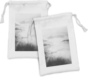 Lunarable Scenery Fabric Pouch Set of 2, Mountain Abandoned Foggy Scenery Autumn Themed Image Dawn Photo, Small Drawstring Bag for Toiletries Masks and Favors, 9" x 6", Charcoal Grey White