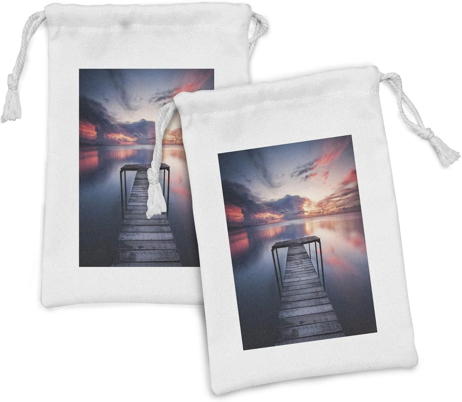 Lunarable Seascape Fabric Pouch Set of 2, Wooden Jetty Ocean at Sunset Romantic Dramatic Seascape Picture Print, Small Drawstring Bag for Toiletries Masks and Favors, 9" x 6", Dark Blue Dimgray Coral