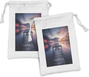 Lunarable Seascape Fabric Pouch Set of 2, Wooden Jetty Ocean at Sunset Romantic Dramatic Seascape Picture Print, Small Drawstring Bag for Toiletries Masks and Favors, 9" x 6", Dark Blue Dimgray Coral