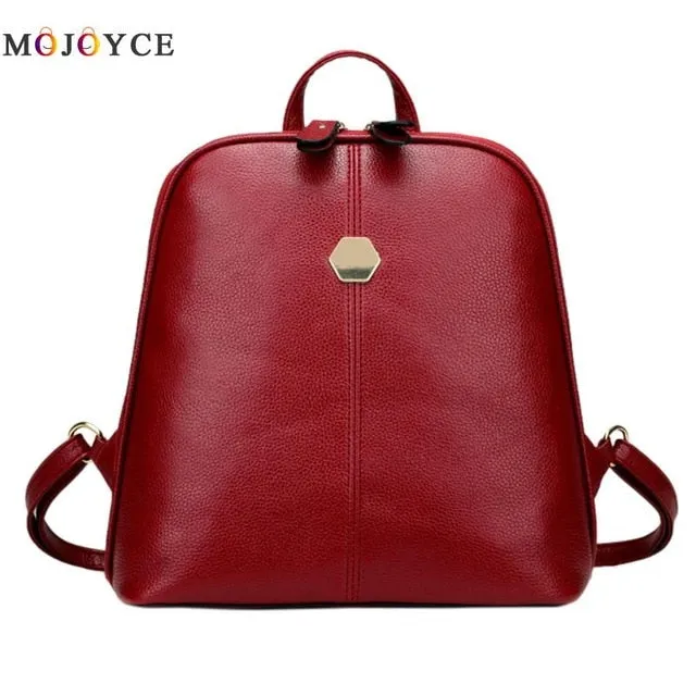 Luxury Brand Solid Color PU Leather Backpack Women Teenagers Travel Shoulder Backpack