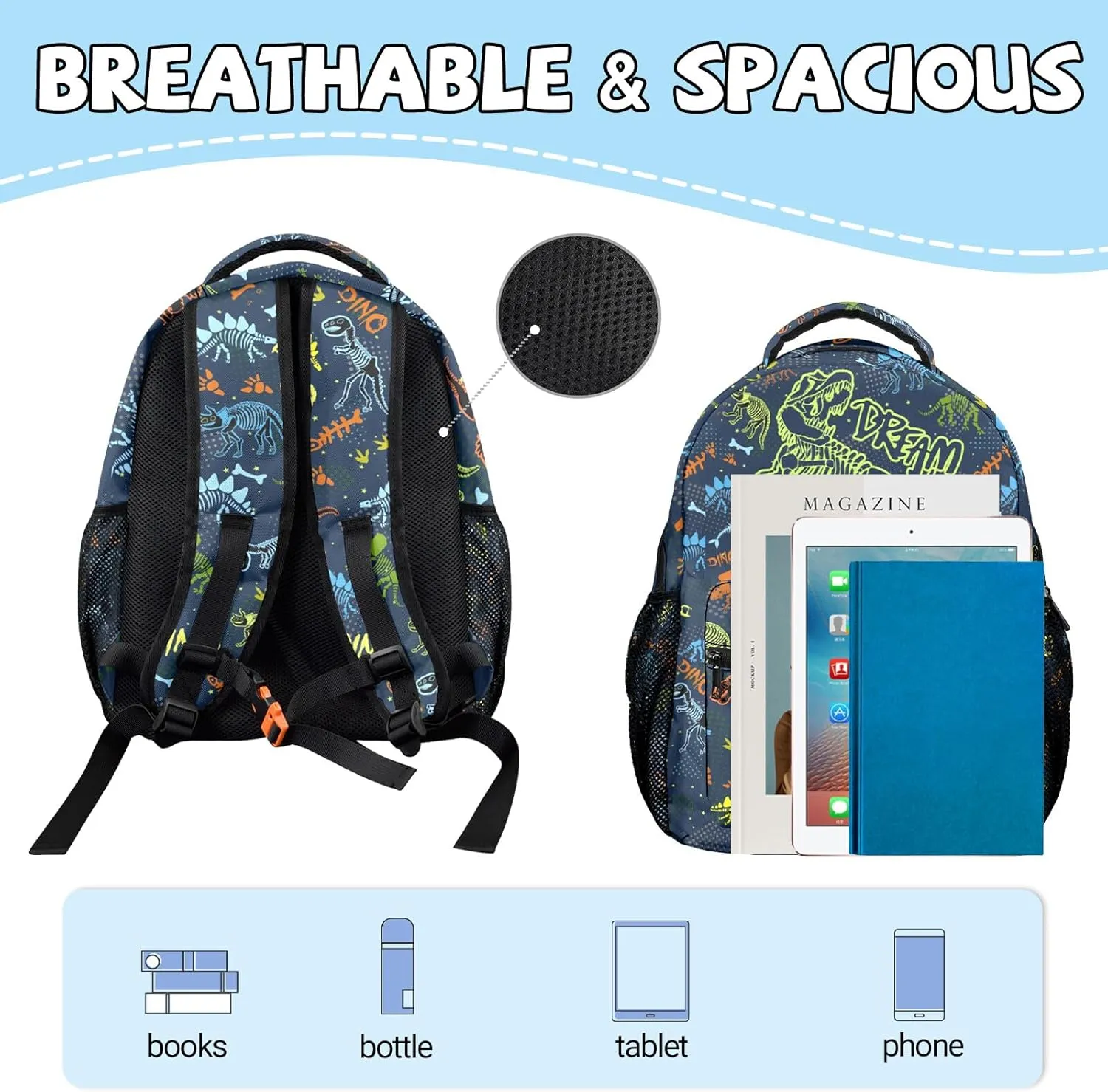 M YESCUSTOM Dinosaur Backpack School Bags, Cute Lightweight Middle School Elementary School Backpacks Laptop Bookbags for Students Boys Girls Kids Gifts