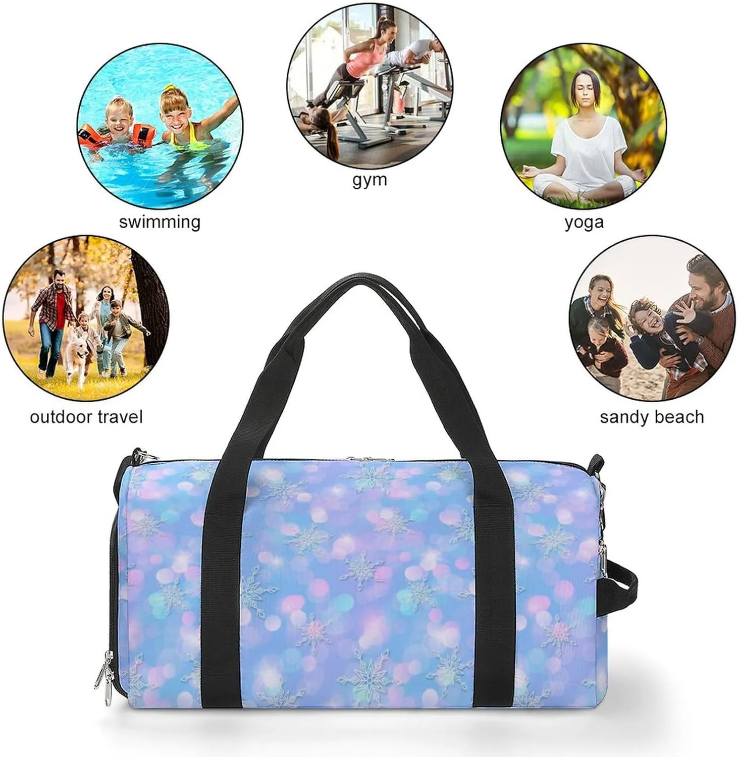 Magic Winter Pattern Cute Snowflakes Sports Tote Gym Bag for Women Men, Overnight Bag with Shoe Compartment Water Resistant