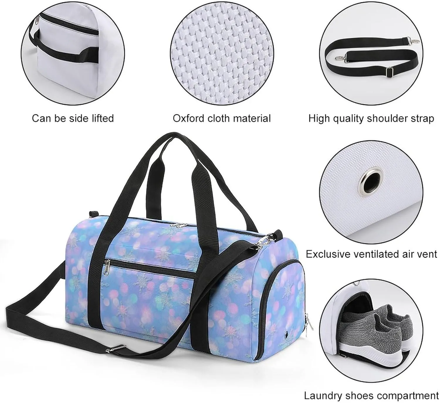Magic Winter Pattern Cute Snowflakes Sports Tote Gym Bag for Women Men, Overnight Bag with Shoe Compartment Water Resistant