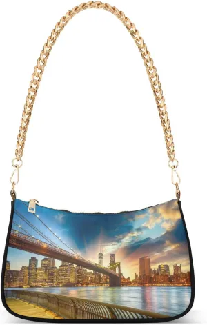 Manhattan New York City Shoulder Handbags for Women Travel Hobo Tote Handbag Women Gold Chain Shoulder Bags Purse with Zipper Closure