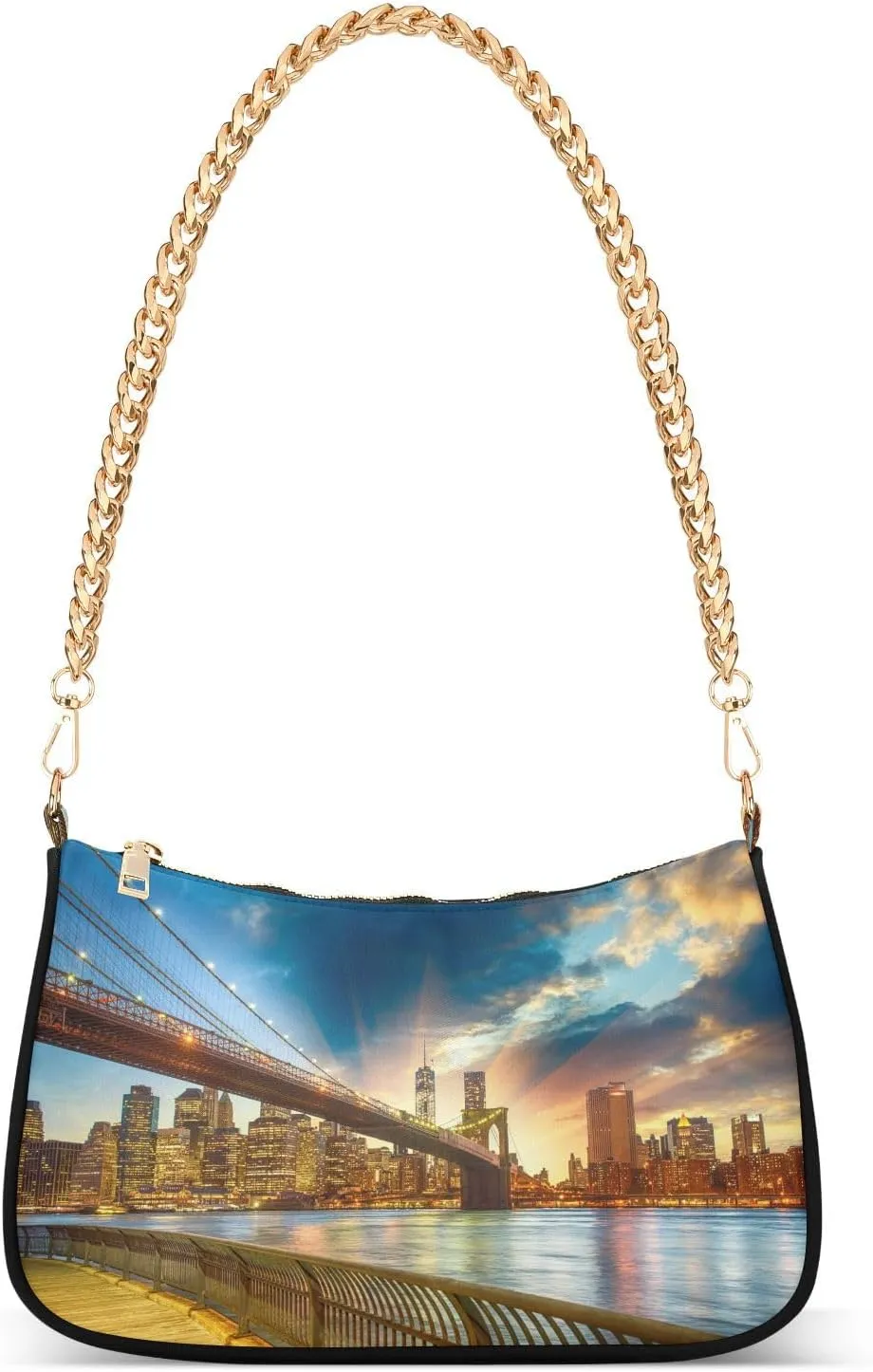 Manhattan New York City Shoulder Handbags for Women Travel Hobo Tote Handbag Women Gold Chain Shoulder Bags Purse with Zipper Closure