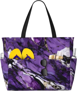 Marble Purple Print Stylish Beach Tote Bag,Large Capacity Handbag,Perfect For Women'S Vacation And Daily Use