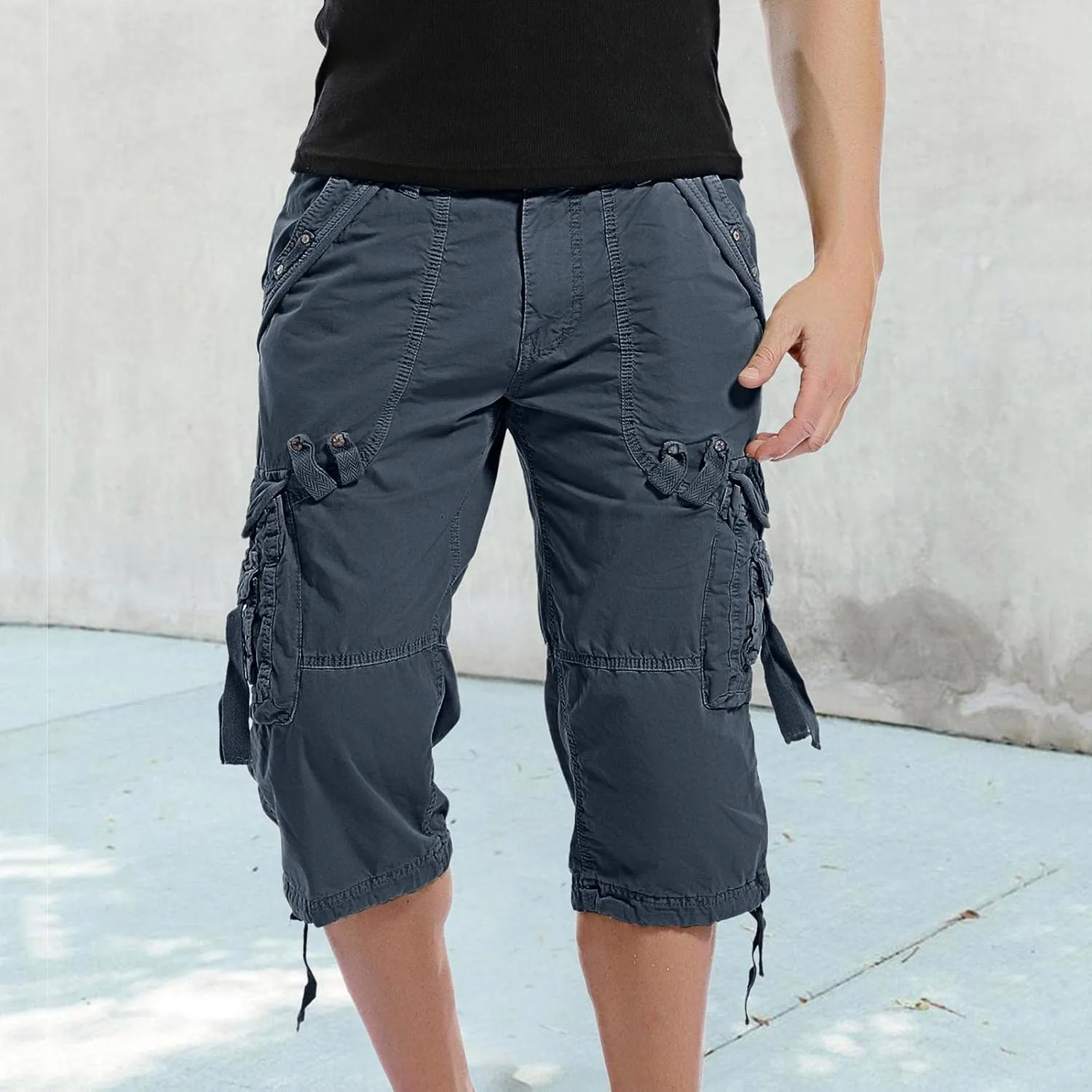 Mens Tactical Cargo Shorts 3/4 Casual Hiking Capri Pants Below Knee Length with Multi Pocket Athletic Running Shorts