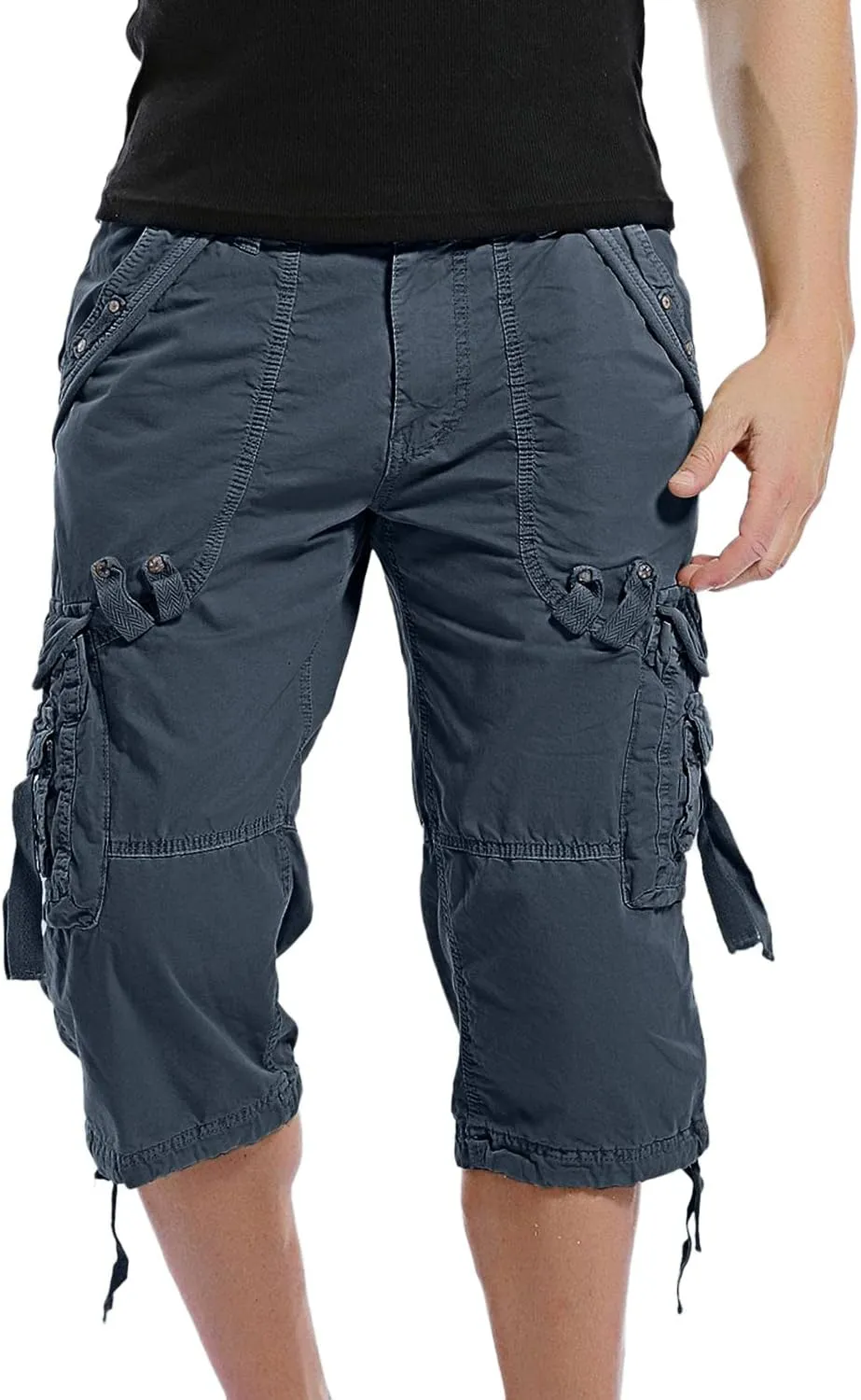Mens Tactical Cargo Shorts 3/4 Casual Hiking Capri Pants Below Knee Length with Multi Pocket Athletic Running Shorts
