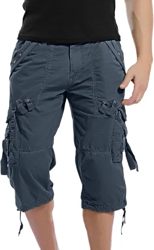 Mens Tactical Cargo Shorts 3/4 Casual Hiking Capri Pants Below Knee Length with Multi Pocket Athletic Running Shorts