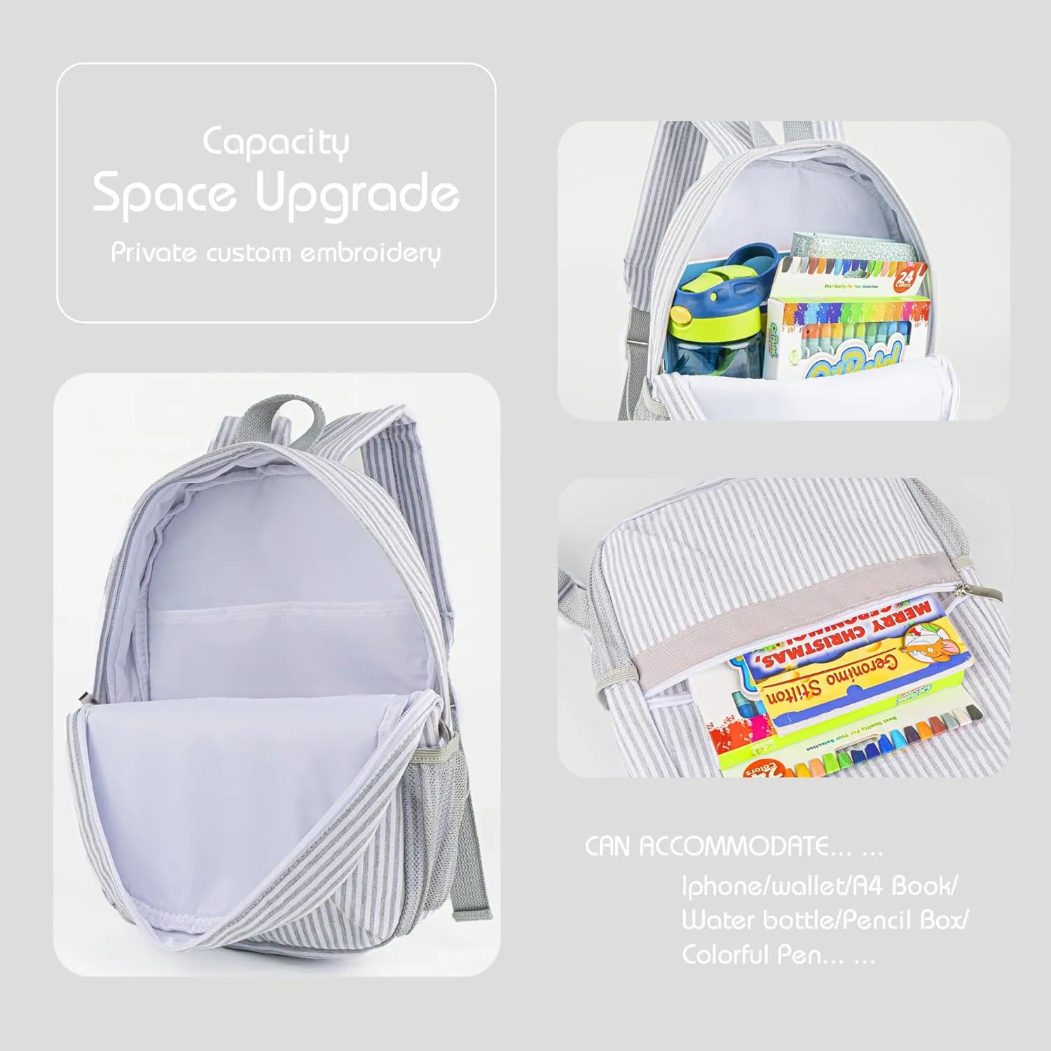 MT WORLD Kids Toddler Personalized Preschool Child Preppy Seersucker Toddler Bookbag (Gray)