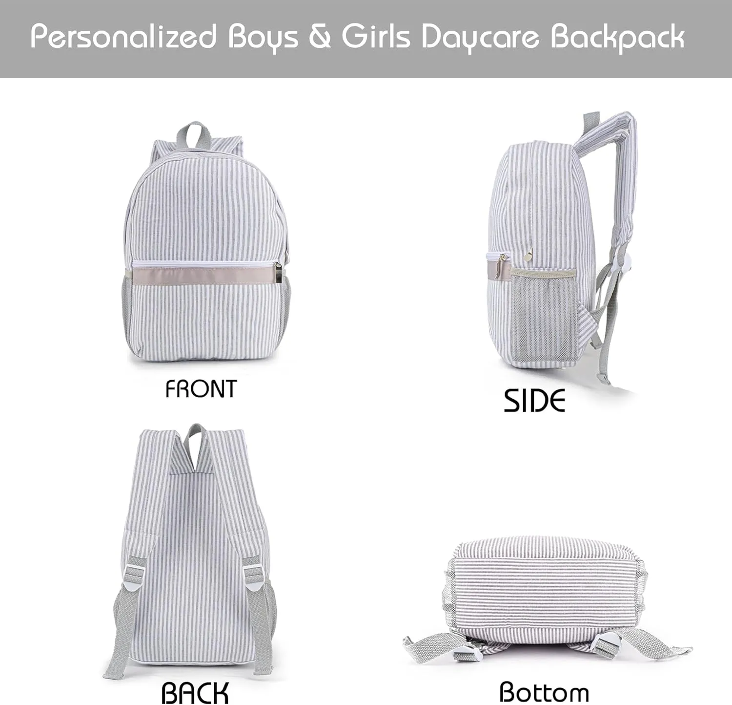 MT WORLD Kids Toddler Personalized Preschool Child Preppy Seersucker Toddler Bookbag (Gray)