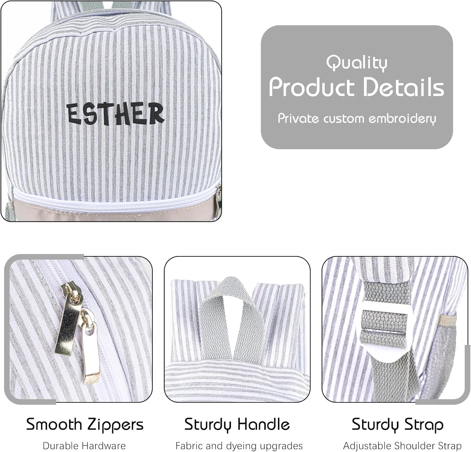 MT WORLD Kids Toddler Personalized Preschool Child Preppy Seersucker Toddler Bookbag (Gray)