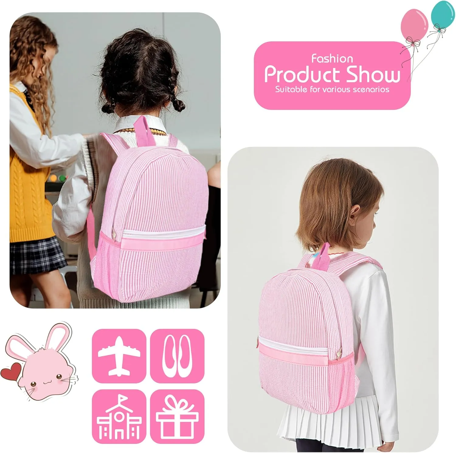 MT WORLD Personalized Toddler Backpack for Girls 5-9, Seersucker Daycare Backpack with Name, Preppy Packpacks Kids Bookbag for Daily School & Birthday Gifts (Pink)