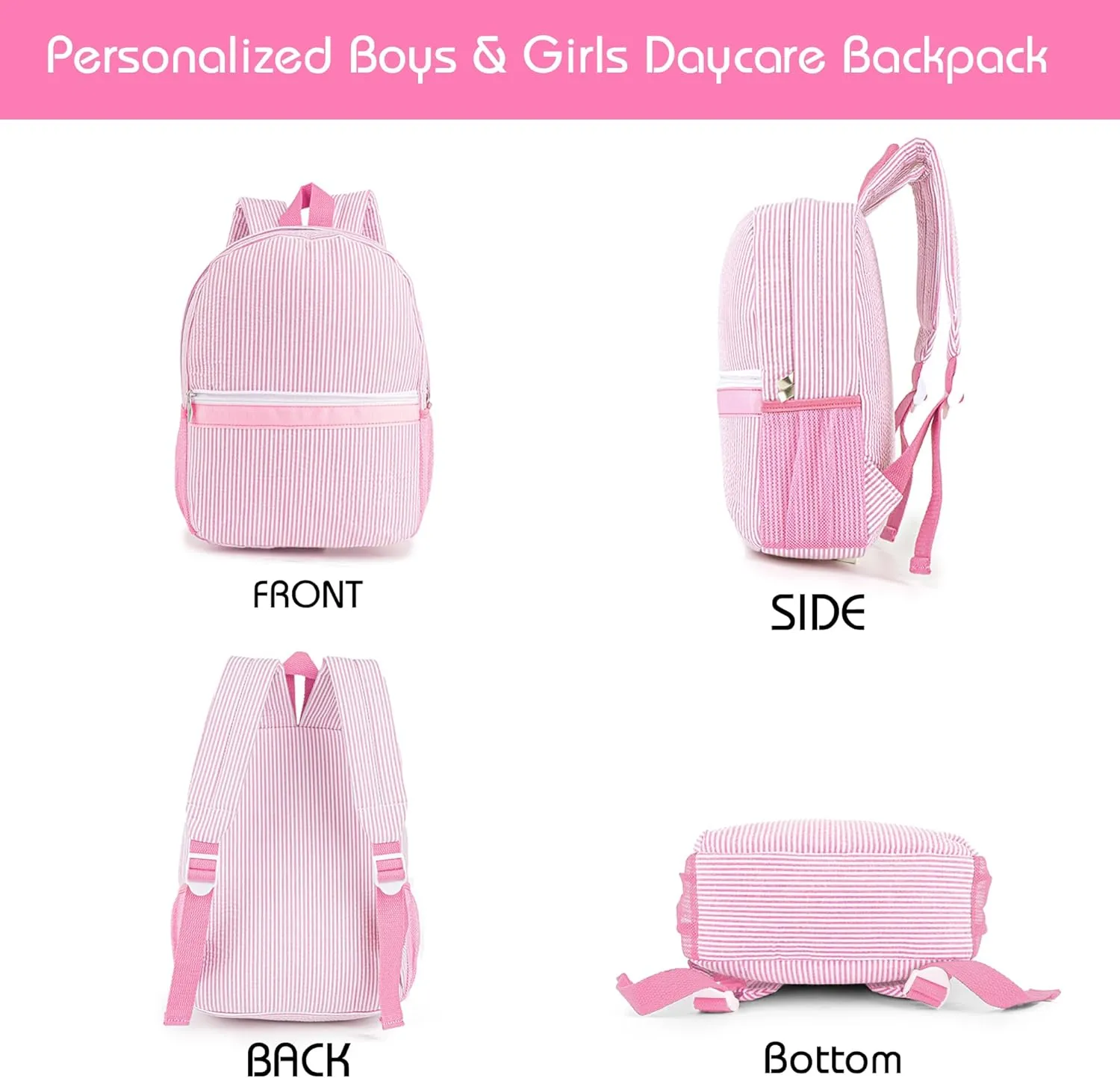MT WORLD Personalized Toddler Backpack for Girls 5-9, Seersucker Daycare Backpack with Name, Preppy Packpacks Kids Bookbag for Daily School & Birthday Gifts (Pink)
