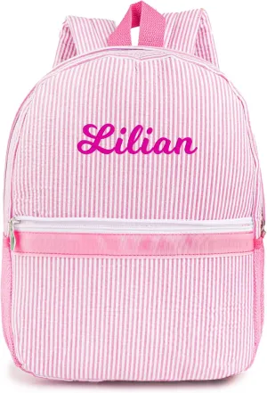 MT WORLD Personalized Toddler Backpack for Girls 5-9, Seersucker Daycare Backpack with Name, Preppy Packpacks Kids Bookbag for Daily School & Birthday Gifts (Pink)