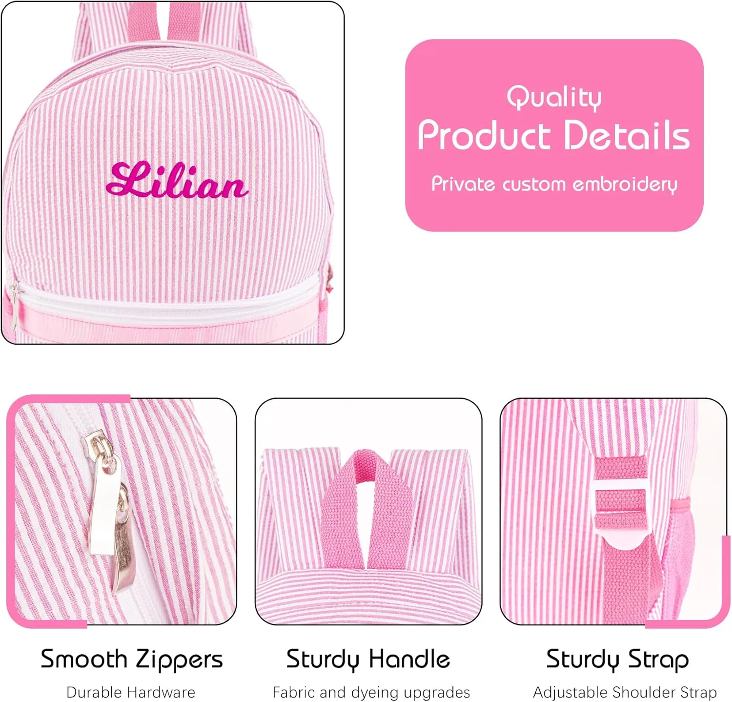 MT WORLD Personalized Toddler Backpack for Girls 5-9, Seersucker Daycare Backpack with Name, Preppy Packpacks Kids Bookbag for Daily School & Birthday Gifts (Pink)