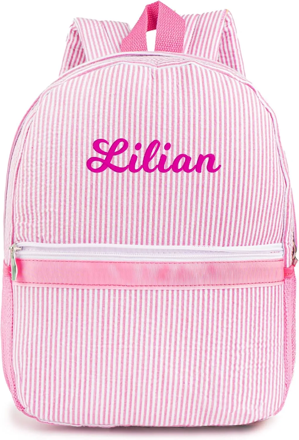 MT WORLD Personalized Toddler Backpack for Girls 5-9, Seersucker Daycare Backpack with Name, Preppy Packpacks Kids Bookbag for Daily School & Birthday Gifts (Pink)