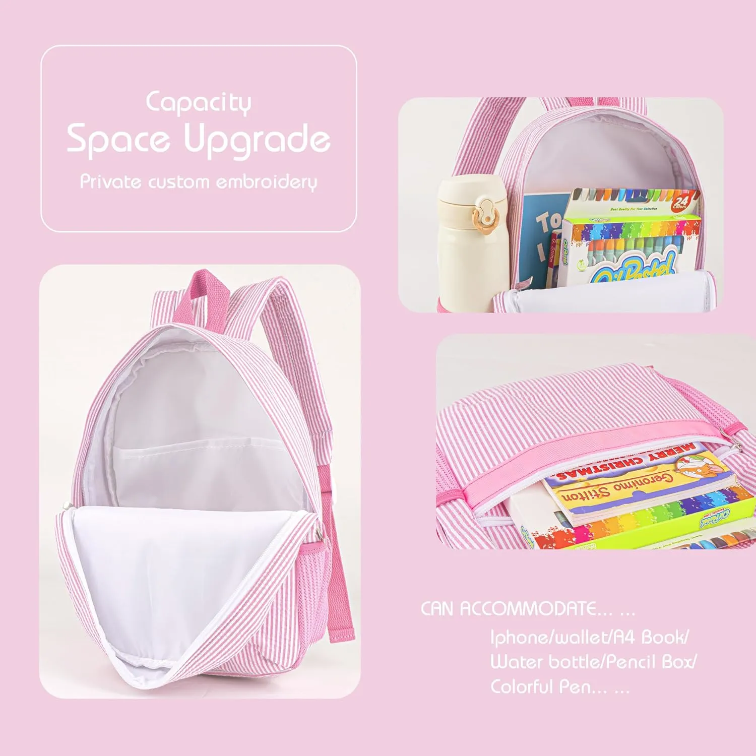 MT WORLD Personalized Toddler Backpack for Girls 5-9, Seersucker Daycare Backpack with Name, Preppy Packpacks Kids Bookbag for Daily School & Birthday Gifts (Pink)