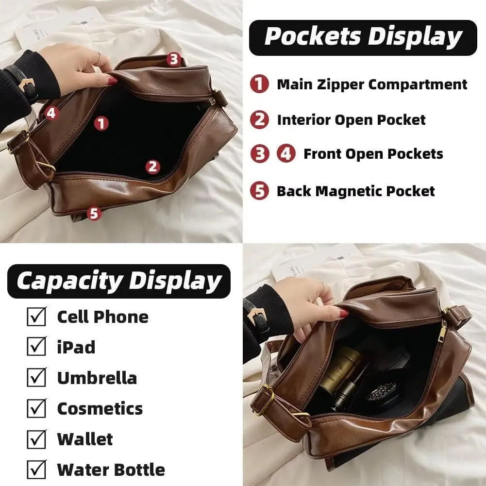Mudono Messenger Satchel for Women Shiny PU Leather Shoulder Purse Vintage Travel Office Crossbody Bag Medium College Bag