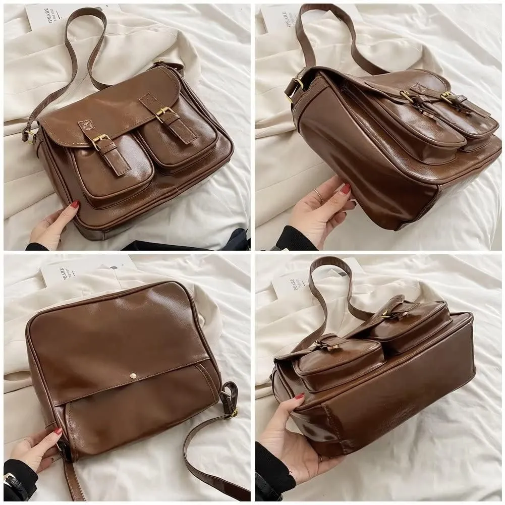 Mudono Messenger Satchel for Women Shiny PU Leather Shoulder Purse Vintage Travel Office Crossbody Bag Medium College Bag