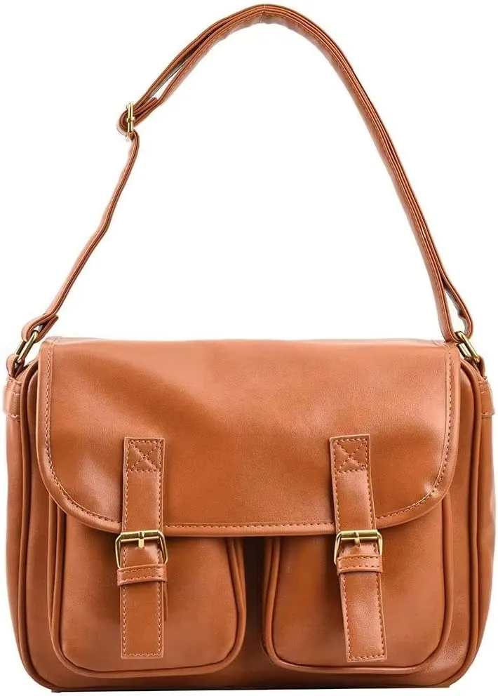 Mudono Messenger Satchel for Women Shiny PU Leather Shoulder Purse Vintage Travel Office Crossbody Bag Medium College Bag