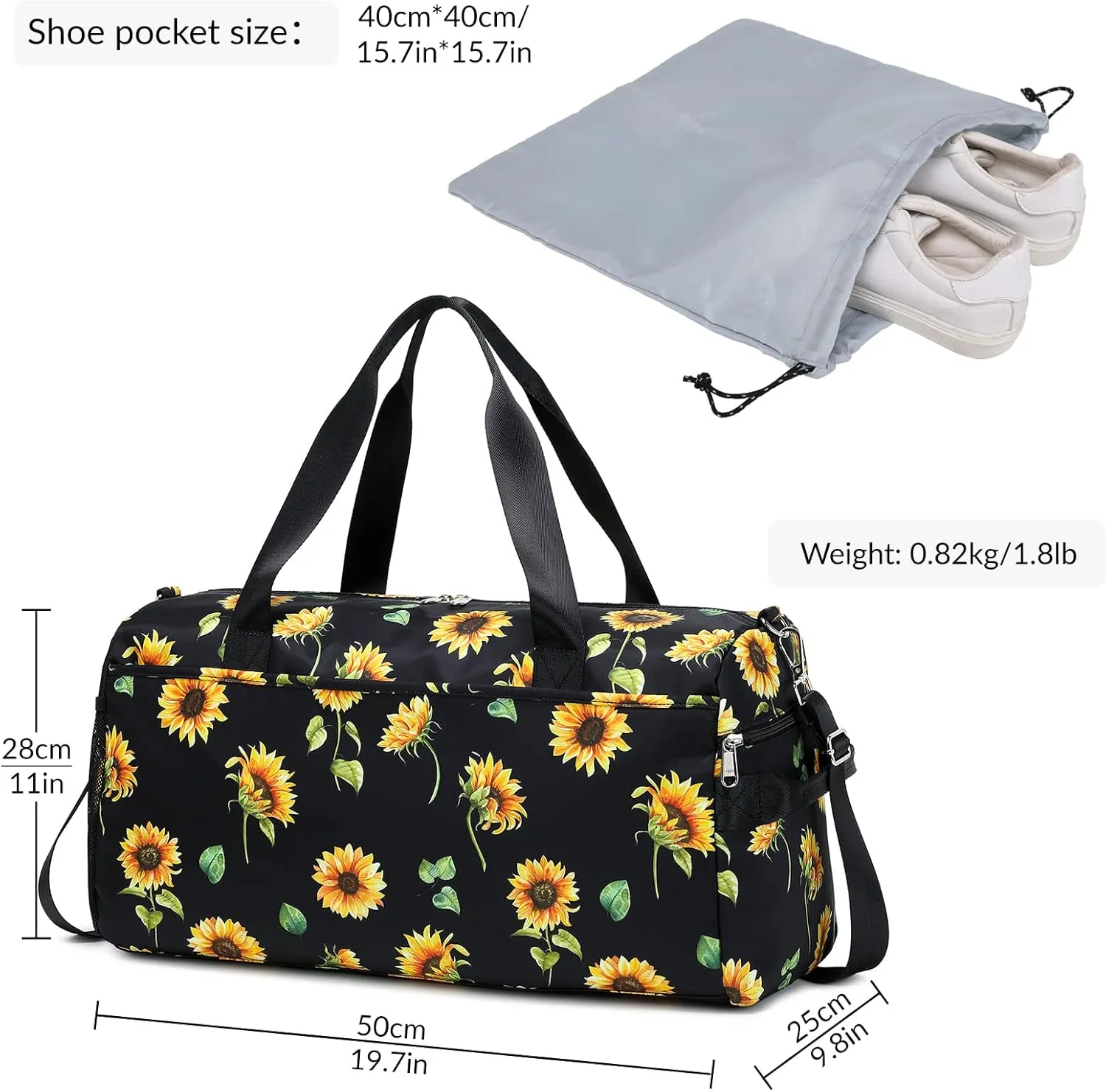 Mygreen Weekender Bag Carry On Bag Travel Duffle Bag Large Overnight Bag for Women and Girls Sunflowers Black