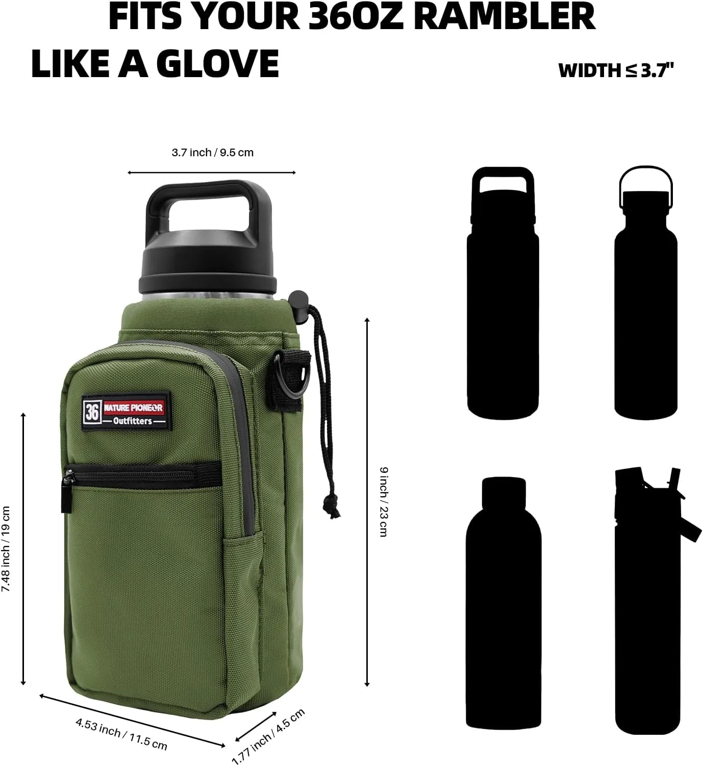 NATURE PIONEOR Water Bottle Carrier with Adjustable Strap - Insulated Sleeve Pouch Water Bottle Holder Bag with Paracord Handle & 2 Storage Pockets for 18/24/25/26/32/36/40/46oz, Hiking, Camping, Gym