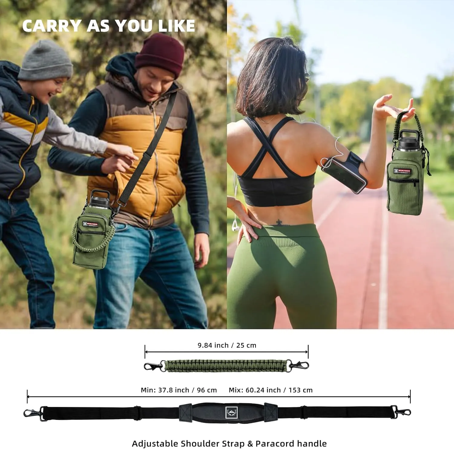 NATURE PIONEOR Water Bottle Carrier with Adjustable Strap - Insulated Sleeve Pouch Water Bottle Holder Bag with Paracord Handle & 2 Storage Pockets for 18/24/25/26/32/36/40/46oz, Hiking, Camping, Gym