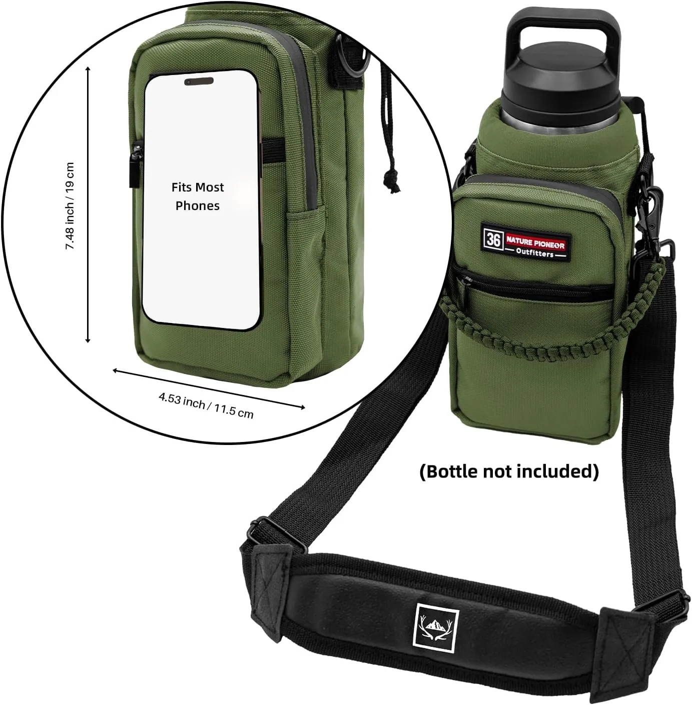 NATURE PIONEOR Water Bottle Carrier with Adjustable Strap - Insulated Sleeve Pouch Water Bottle Holder Bag with Paracord Handle & 2 Storage Pockets for 18/24/25/26/32/36/40/46oz, Hiking, Camping, Gym