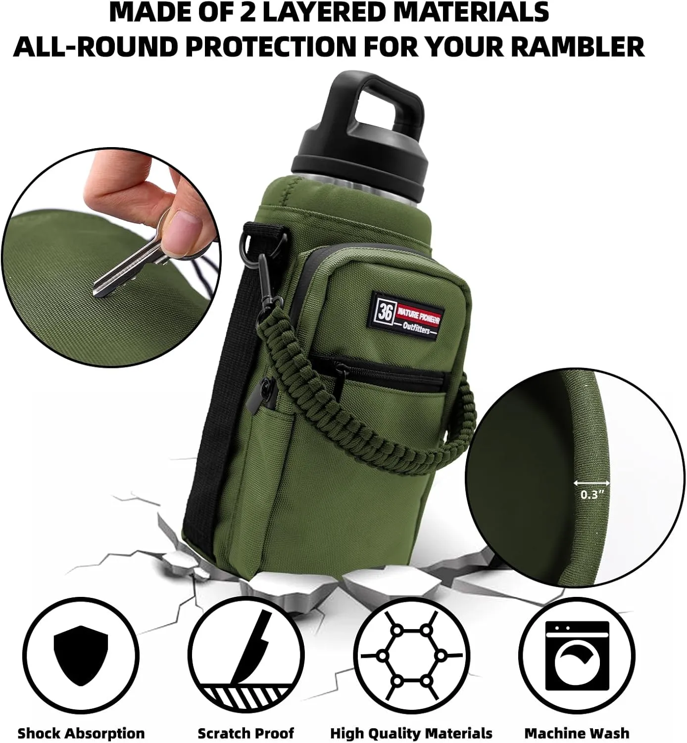 NATURE PIONEOR Water Bottle Carrier with Adjustable Strap - Insulated Sleeve Pouch Water Bottle Holder Bag with Paracord Handle & 2 Storage Pockets for 18/24/25/26/32/36/40/46oz, Hiking, Camping, Gym