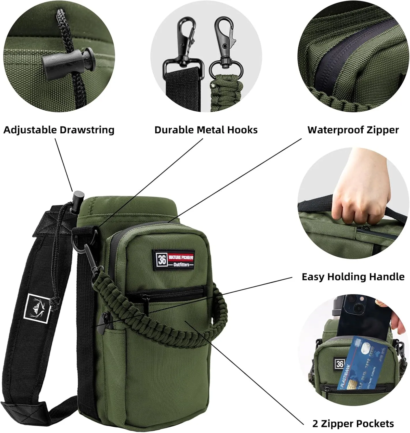 NATURE PIONEOR Water Bottle Carrier with Adjustable Strap - Insulated Sleeve Pouch Water Bottle Holder Bag with Paracord Handle & 2 Storage Pockets for 18/24/25/26/32/36/40/46oz, Hiking, Camping, Gym