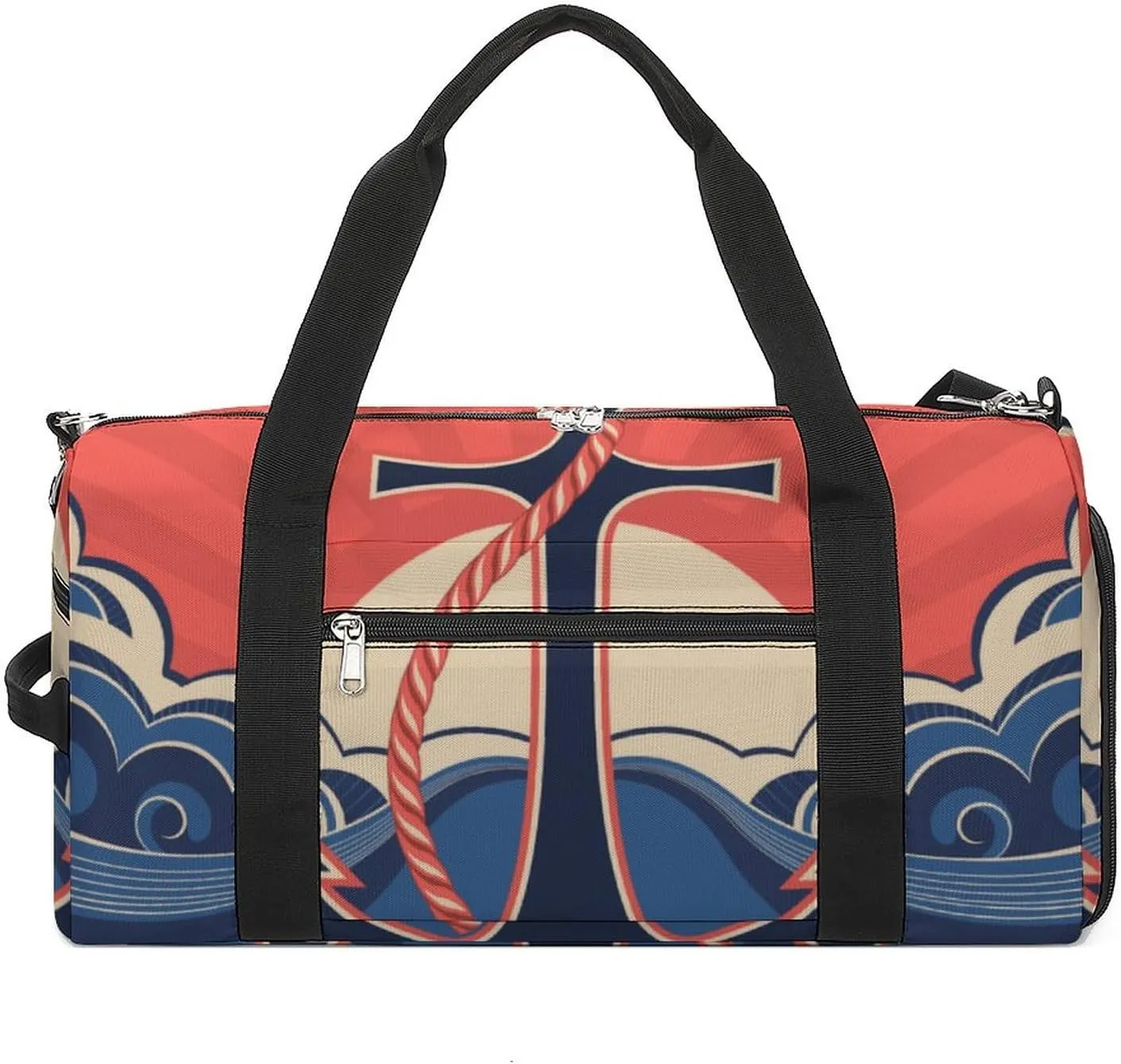 Nautical Label with Anchors Sports Tote Gym Bag for Women Men, Overnight Bag with Shoe Compartment Water Resistant