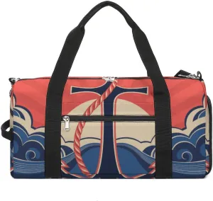 Nautical Label with Anchors Sports Tote Gym Bag for Women Men, Overnight Bag with Shoe Compartment Water Resistant